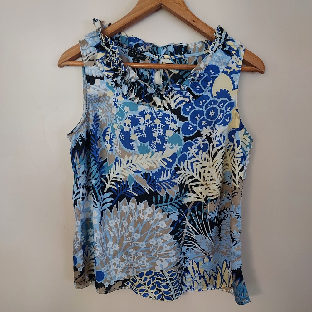Talbots Petites Blue Floral Ruffle Neck Sleeveless Blouse MP Tank Top
